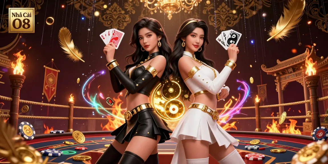 Engage in thrilling games at Nhà Cái O8 with stunning visuals of twin Asian women in a dynamic casino setting.