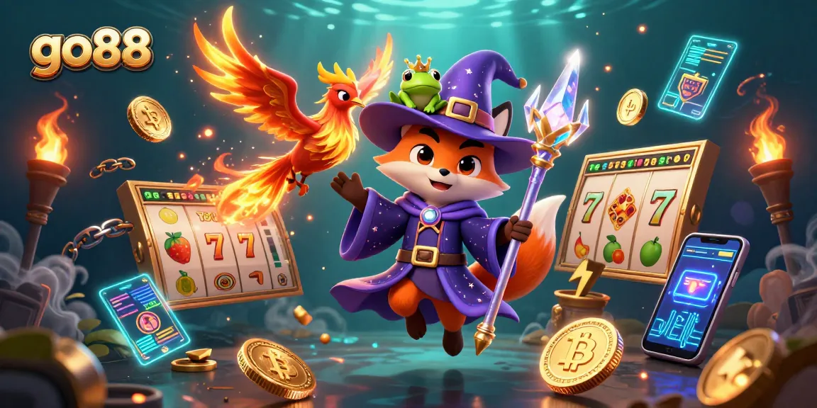 Engage with the magical world of go88 featuring a wizard fox, phoenix, and vibrant casino symbols.