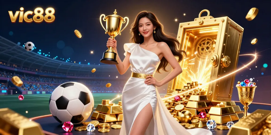 Engage with vic88's exhilarating sports betting experience, featuring a triumphant woman holding a trophy amidst riches.