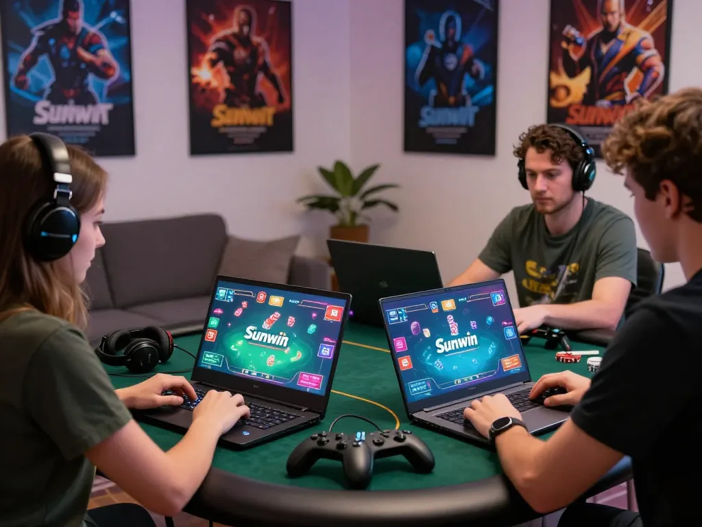 Engaged players tải sunwin on laptops in vibrant home gaming setup, showcasing excitement and Sunwin logo.