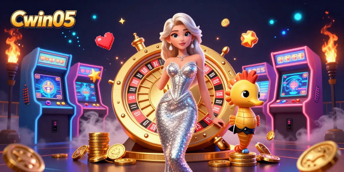 Cwin05 casino scene with a glamorous mermaid and a seahorse, spinning big roulette, showcasing excitement.