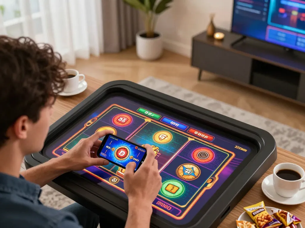 Player enjoying an exciting slot game on 23win mobile app in a cozy setup.