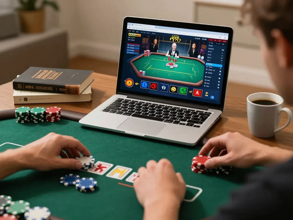 go99 player engaging in online poker strategy at home with warm ambiance