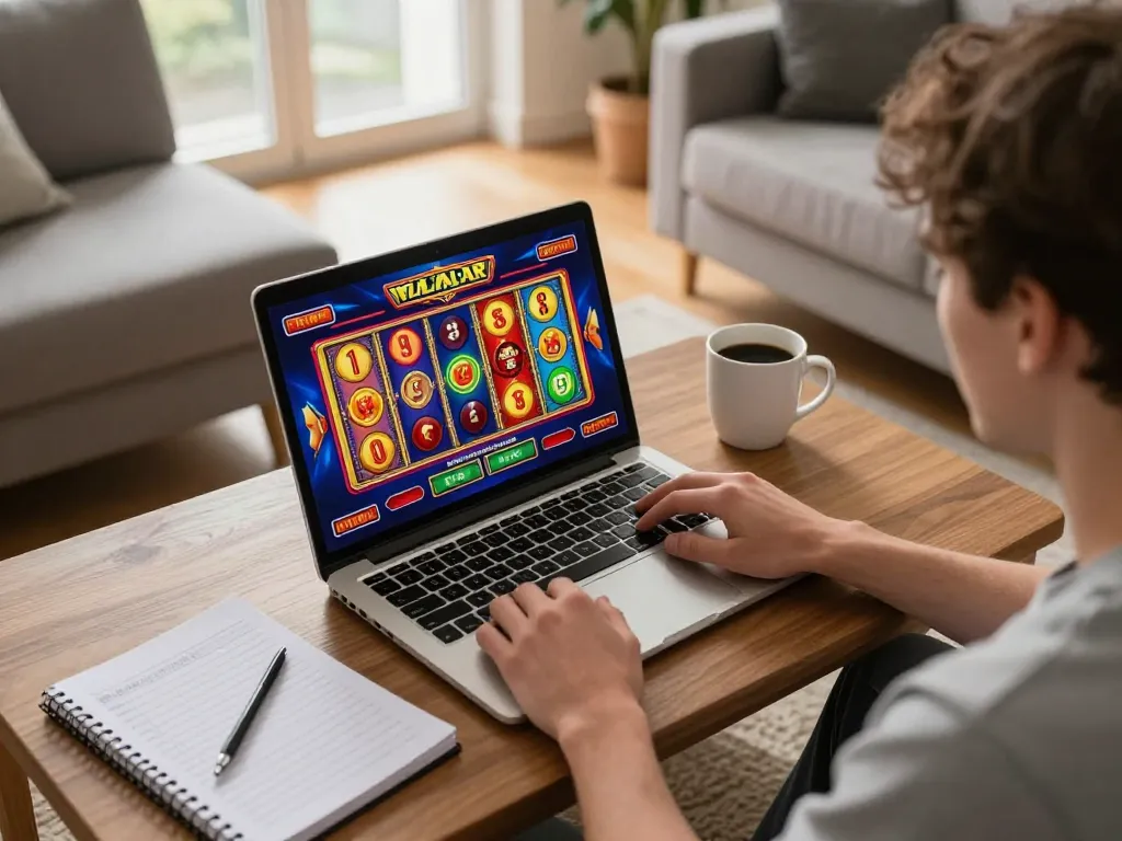 Engaging in 789win online slot gameplay at home, showcasing vibrant reels and betting strategies.
