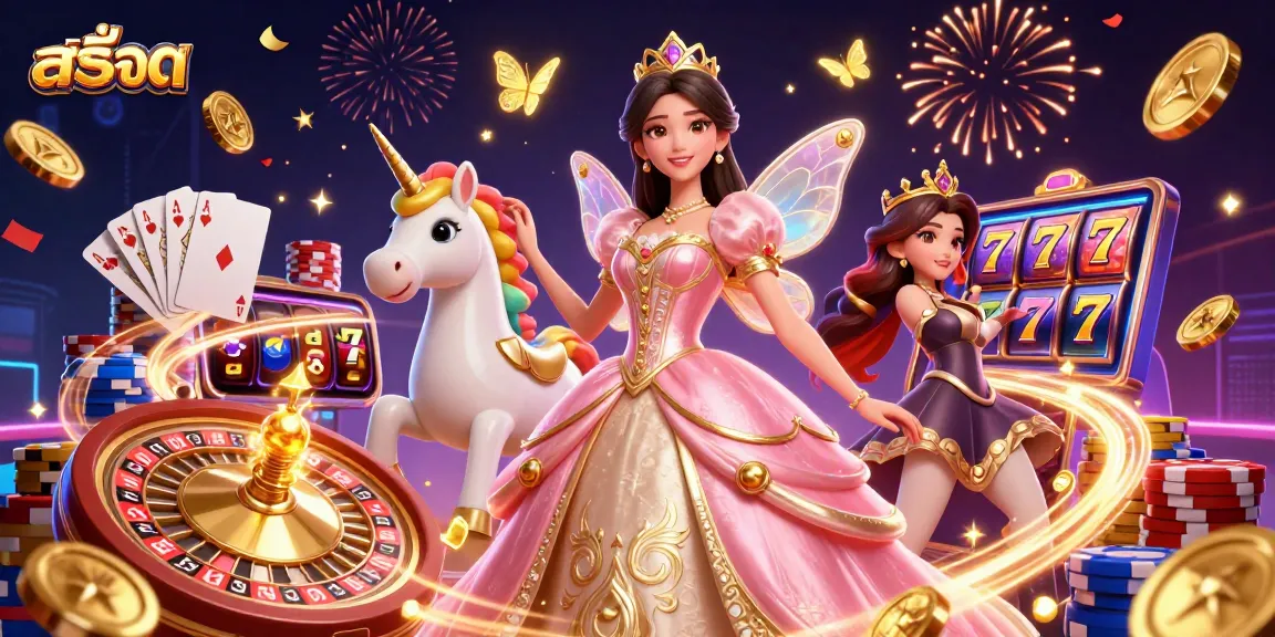 Play สล็อต with a glamorous character and dynamic casino elements in this vibrant illustration.