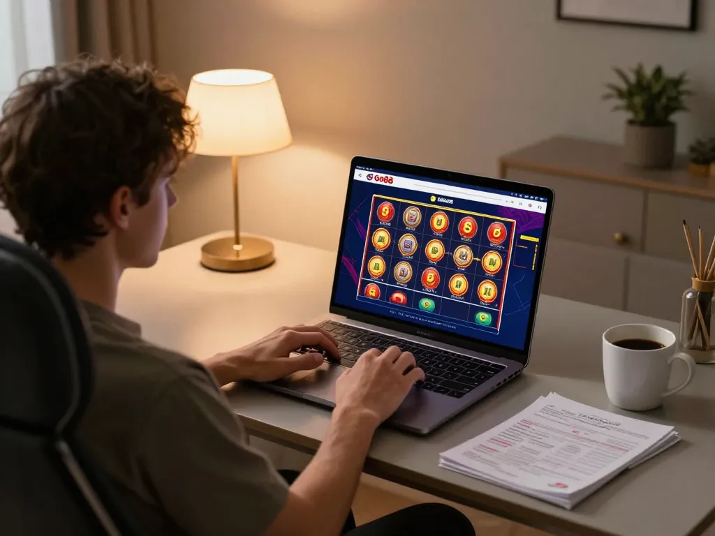 Người đang thưởng thức casino trực tuyến Go88 với thiết lập máy tính xách tay tại nhà, không gian ấm áp và ghi chú chiến lược chơi game rõ ràng