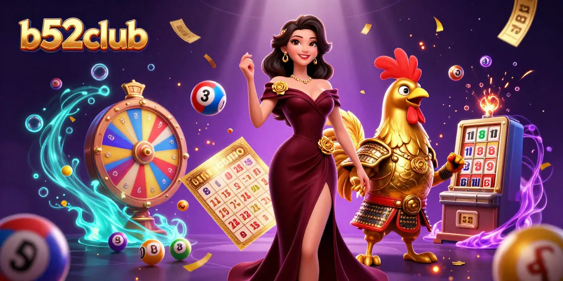 b52club's glamorous characters amidst exciting gambling action with vibrant lottery elements and dynamic prizes.