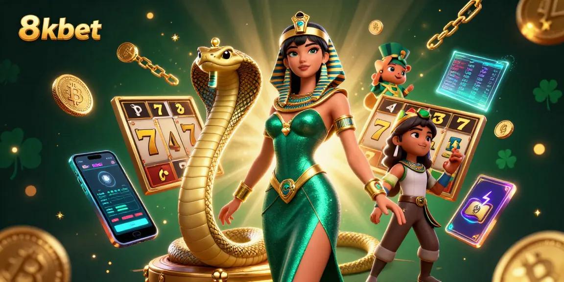 Experience excitement at 8xbet with this vibrant casino-themed 3D illustration featuring slot and crypto gaming elements.