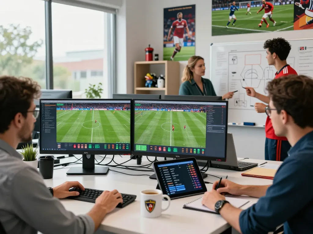 Real-time football data analysis with nowgoal at a modern sports office.