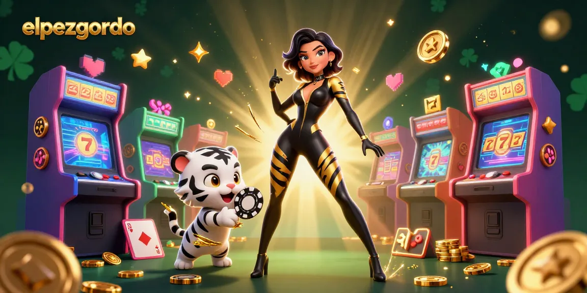 Engage with elpezgordo's thrilling casino world, featuring an acrobatic woman and a playful tiger amidst vibrant gaming action.