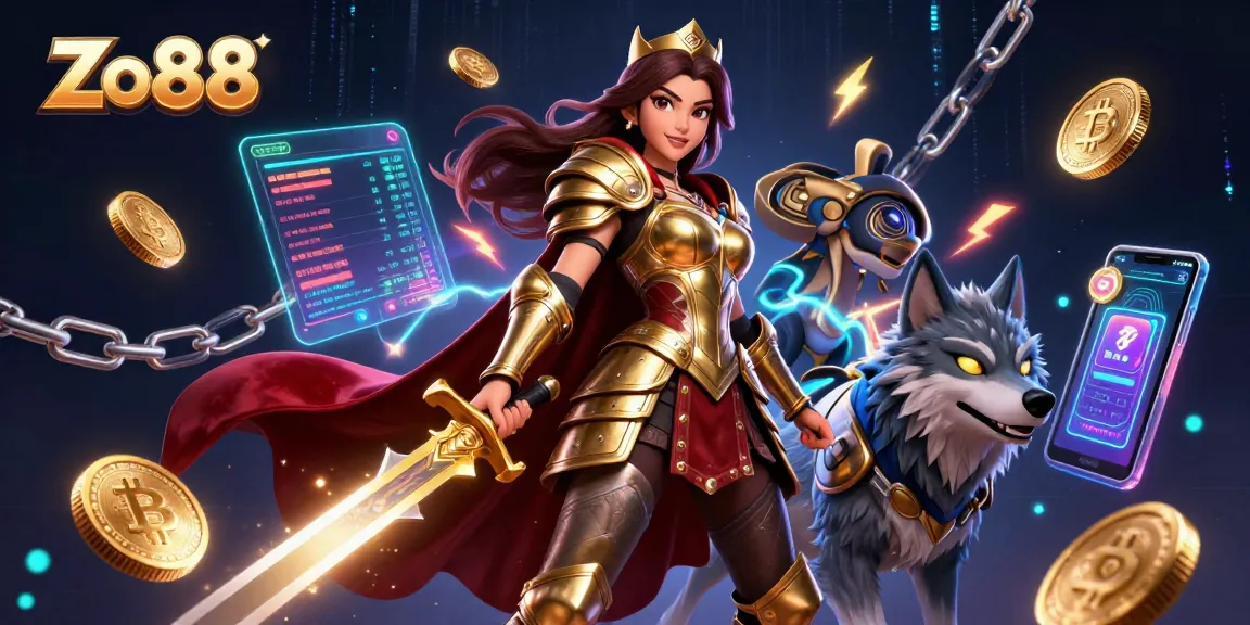 Engage in thrilling experiences at Zo88 with dynamic 3D gaming elements, showcasing vibrant crypto coins and a captivating warrior.