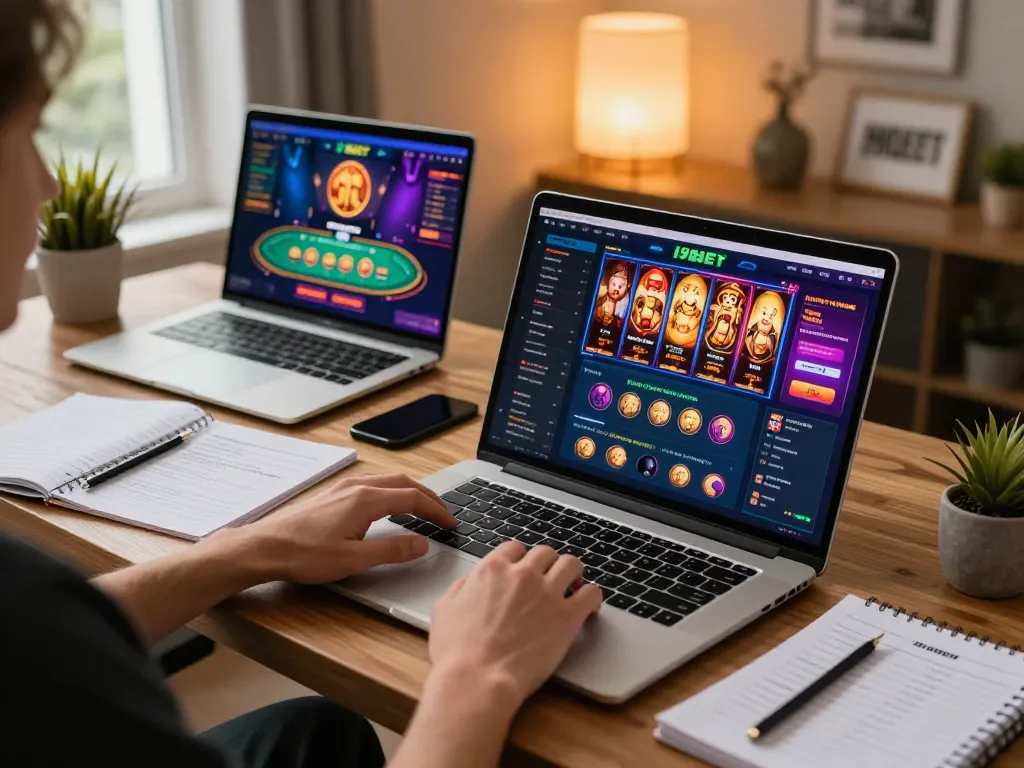 I9BET player enjoying thrilling online gaming experience in a cozy home setup.