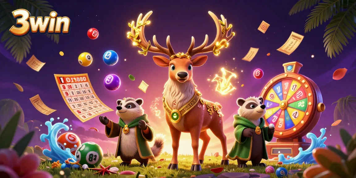 Engage in thrilling lottery gameplay with 3win's colorful elements in a vibrant, magical setting
