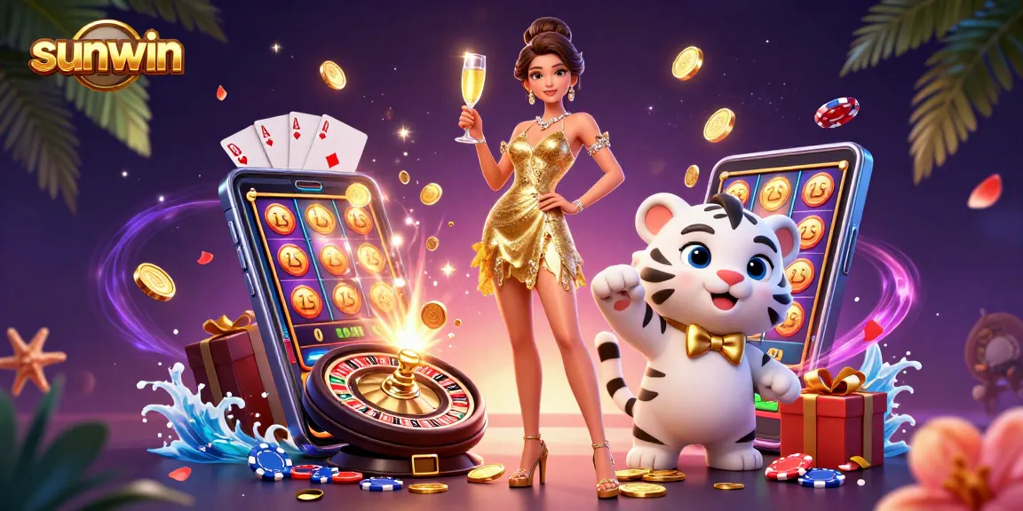 Play exciting casino games with sunwin featuring a glamorous woman and a lucky tiger.