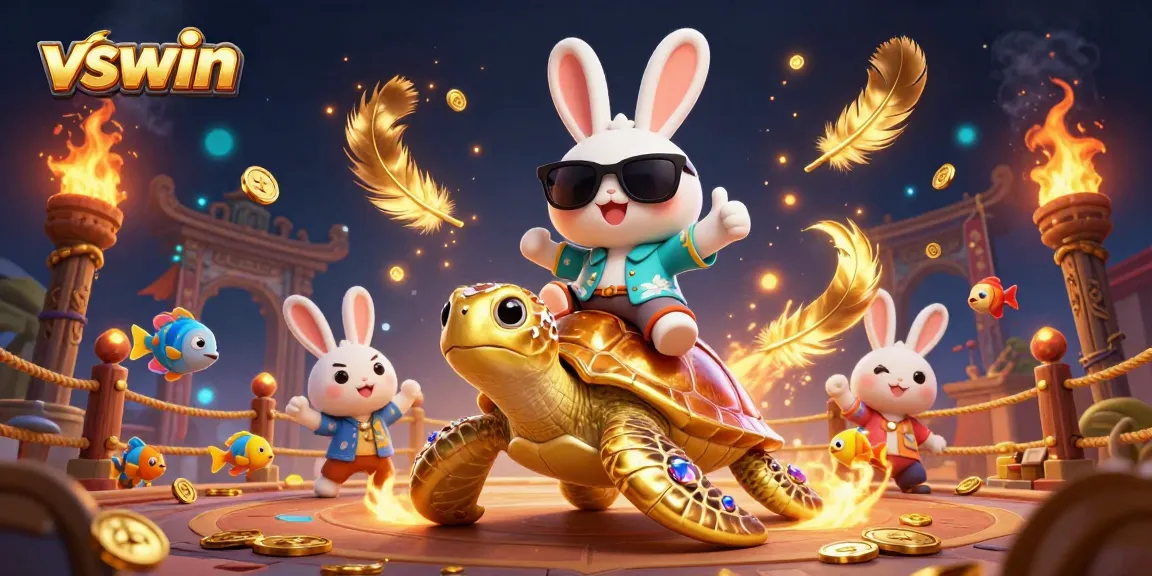 Experience exhilarating wins at vswin with a lively rabbit and turtle in a vibrant casino scene.