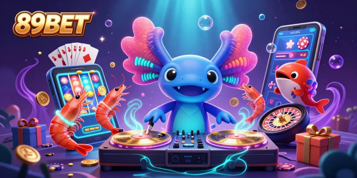 Immerse in 89BET's vibrant underwater casino scene featuring a neon axolotl DJ and dynamic gaming elements.