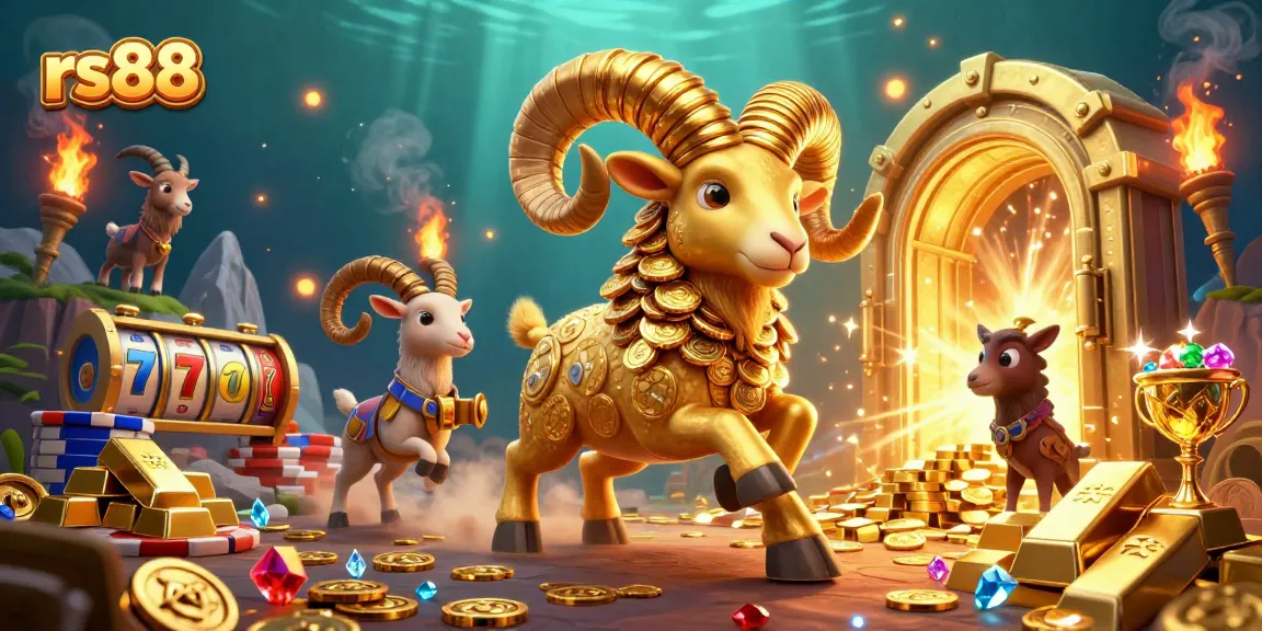 Engage in thrilling gameplay at rs88, featuring a 3D golden ram amidst dynamic slot elements and treasures.