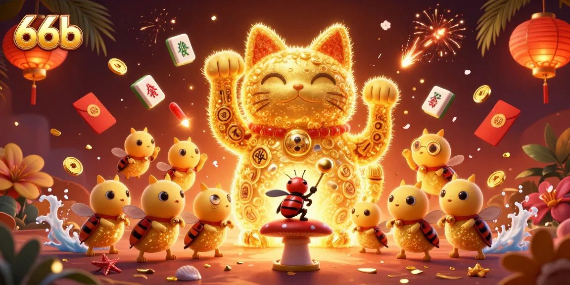 Engage with 66b's vibrant gaming scene featuring a lucky cat amidst casino symbols and festive elements.