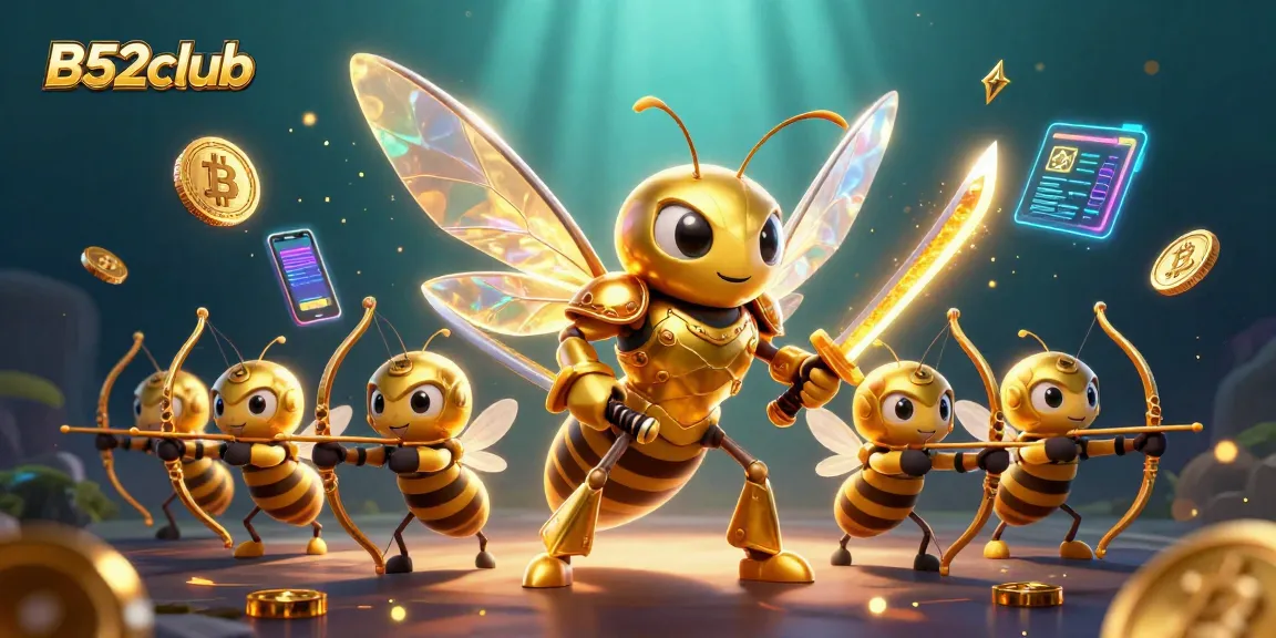B52club showcases an energetic gambling scene filled with vibrant characters, crypto elements, and dynamic visuals.