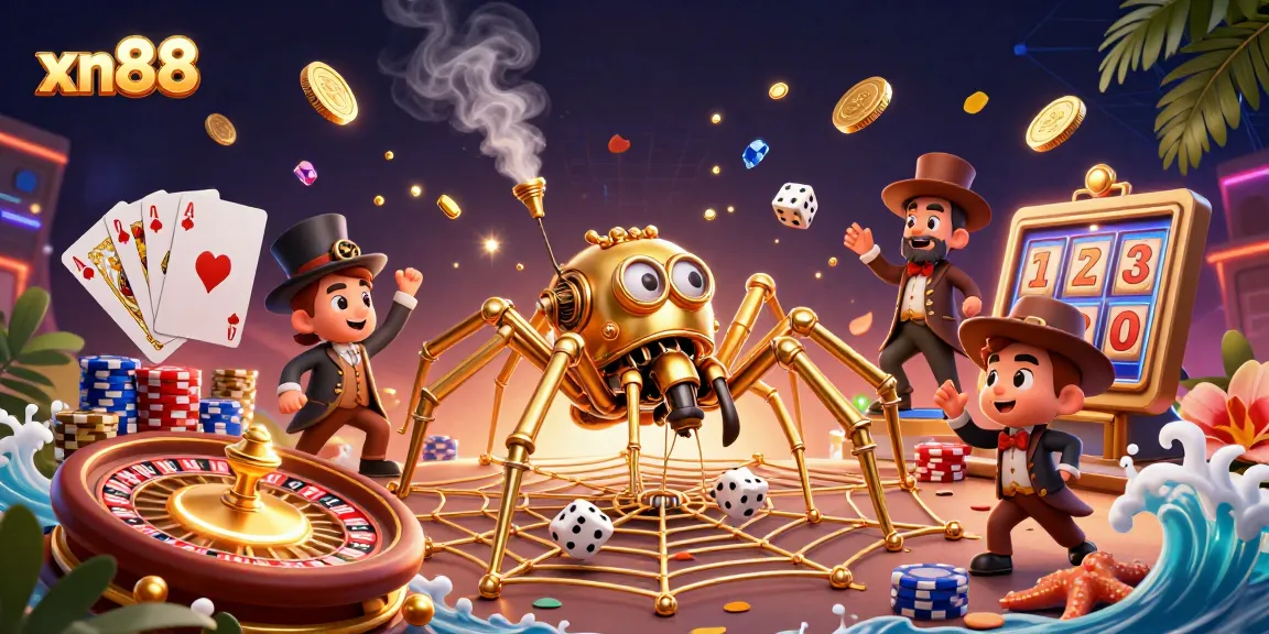 Experience xn88's thrilling casino adventure with golden webs, coins, and animated game elements.