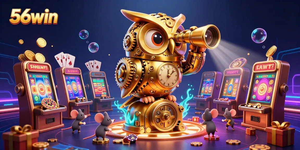 Experience thrilling gaming action at 56win with a vibrant casino illustration featuring unique characters and games