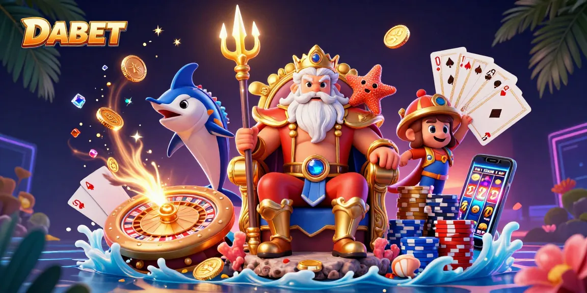 DABET Casino scene highlighting Neptune with treasure amidst golden coins and vibrant gaming elements