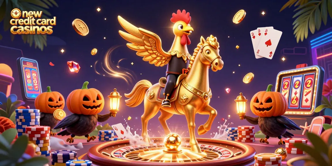 Experience exciting gameplay at new credit card casinos with gold coins, colorful poker chips, and vibrant characters.