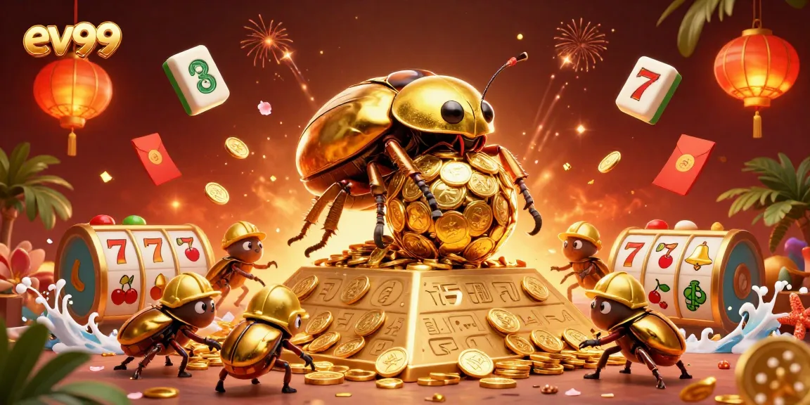Experience the excitement of ev99 casino games with a vibrant scene of golden beetles and rich symbols.