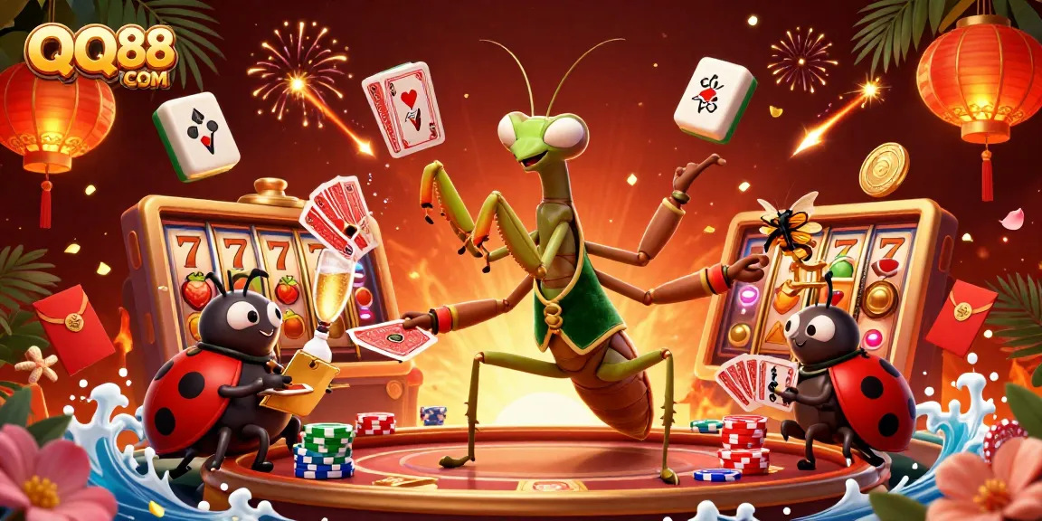 Bet on QQ88 COM with engaging 3D scene featuring a giant mantis and ladybug in a vibrant casino