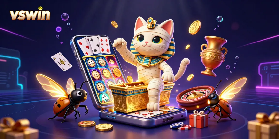Experience vswin's thrilling gameplay with a mummy cat and scarab in a rich casino scene.