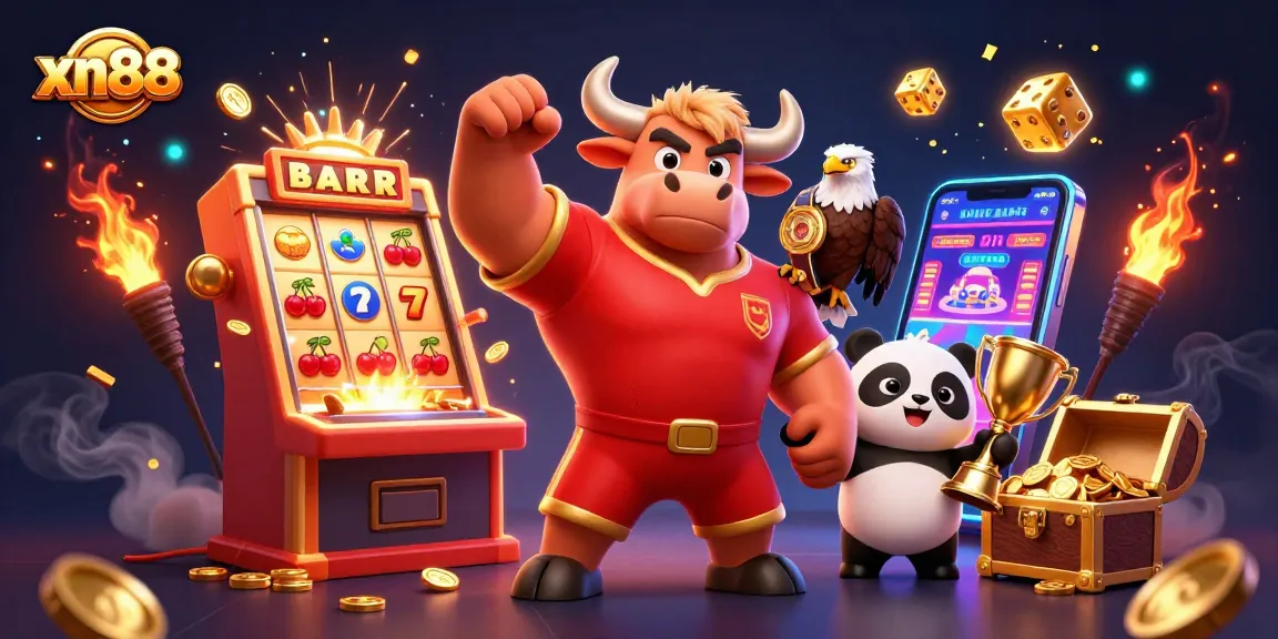 Xn88 features a bull mascot and friends celebrating a casino jackpot with vibrant game elements.