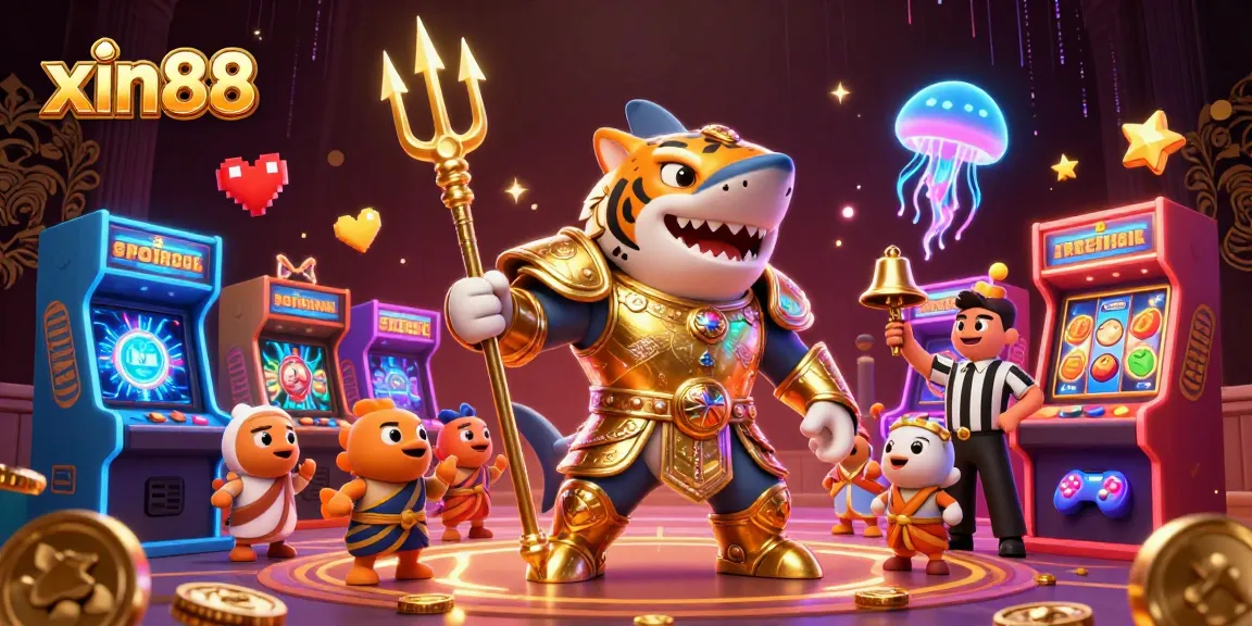 Experience the excitement of xin88 as a fierce shark battles in a vibrant underwater casino arena filled with game machines.