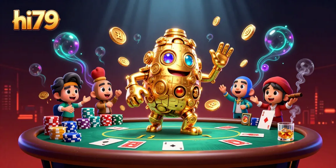 Experience the excitement of hi79 with a gold golem and poker action amidst a vibrant casino atmosphere.