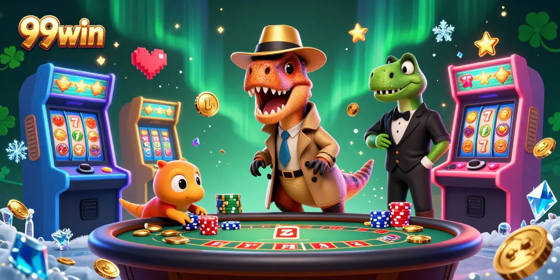 Experience thrilling wins at 99win with a cartoon velociraptor card counter at a blackjack table.