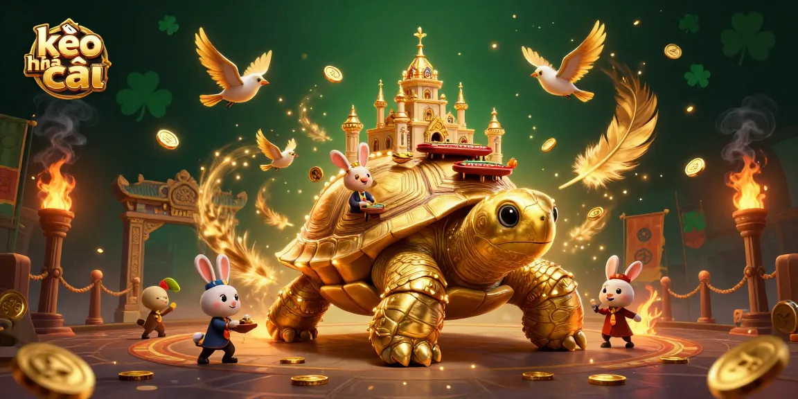 Engage with kèo nhà cái in an exciting 3D casino scene featuring a massive tortoise and a rabbit dealer.