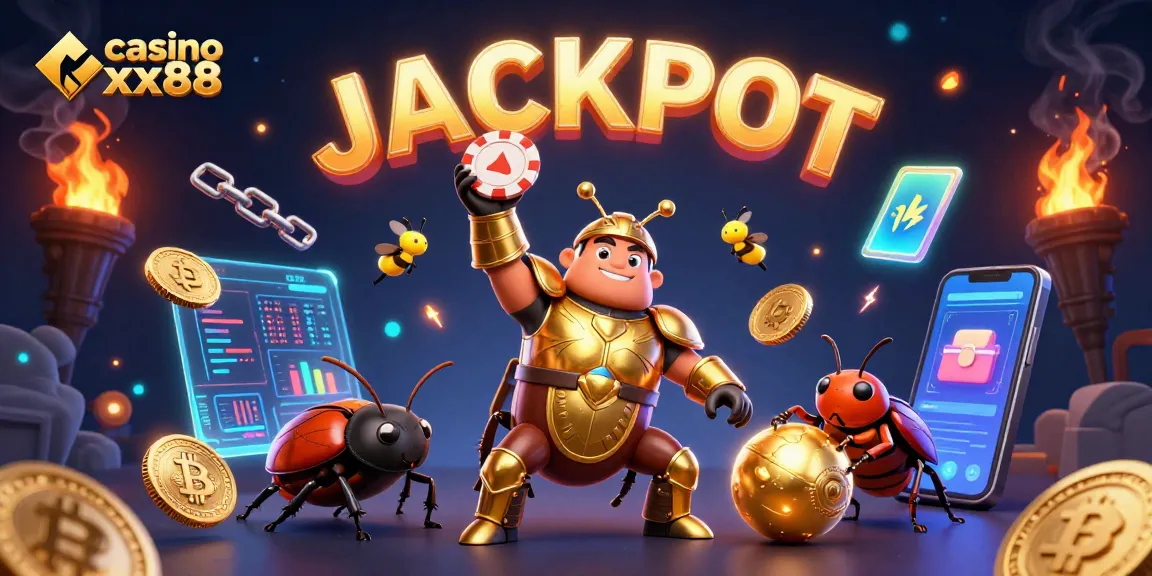 Engage with casino xx88 as a victorious beetle raises a poker chip amidst vibrant gaming elements.