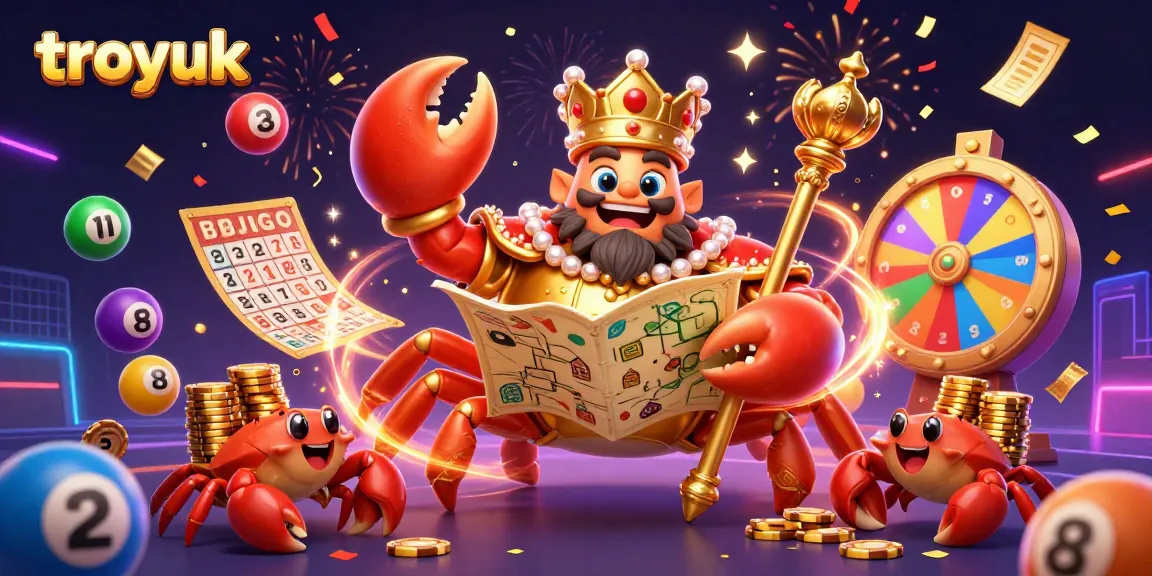 Engage with vibrant gaming action at troyuk casino featuring colorful lottery elements and a majestic crab emperor.