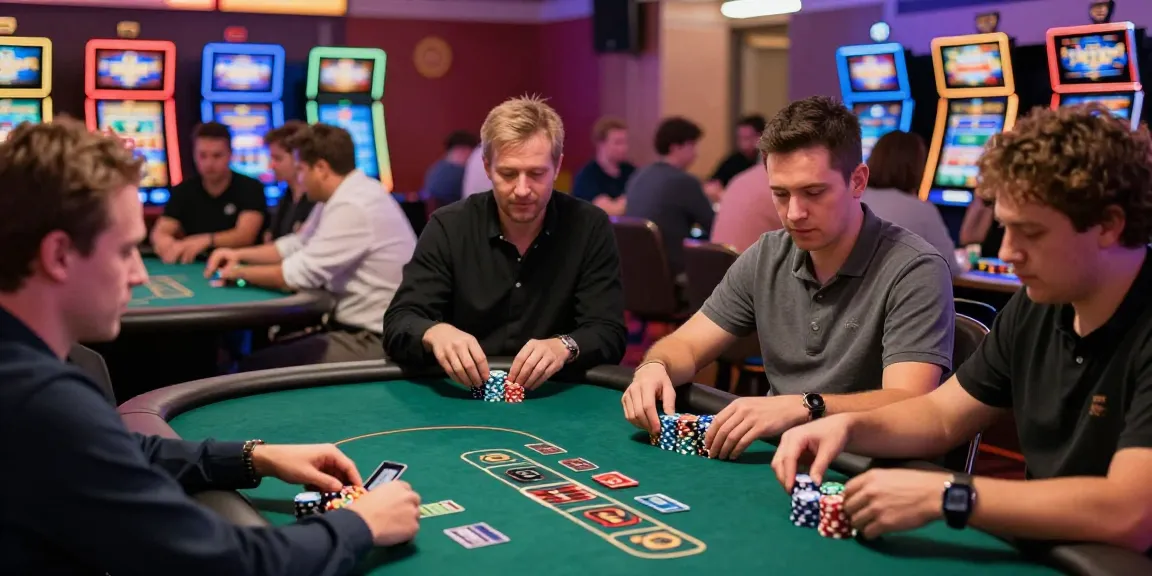 Players using credit card casino sites at a vibrant casino table with poker chips and slot machines.
