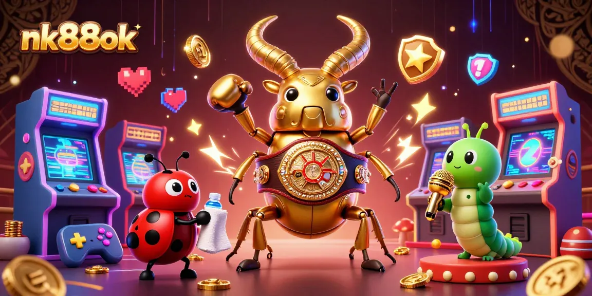 Join the action at nk88ok with a golden beetle boxing champion and game-themed elements.