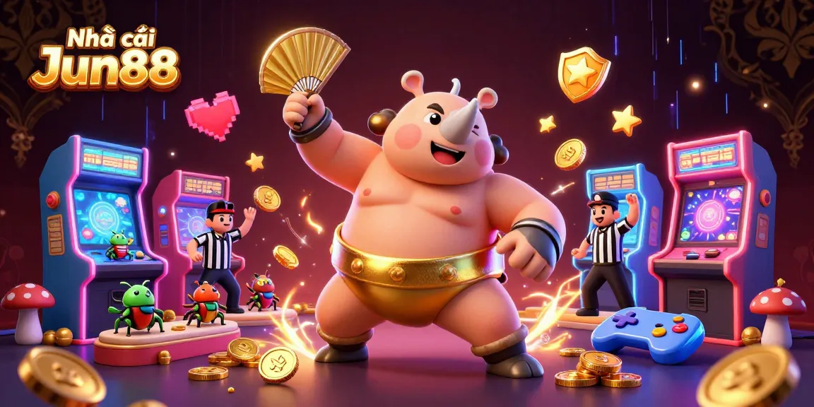 Join the action at Nhà cái Jun88 with a thrilling 3D casino scene featuring exciting characters and games.