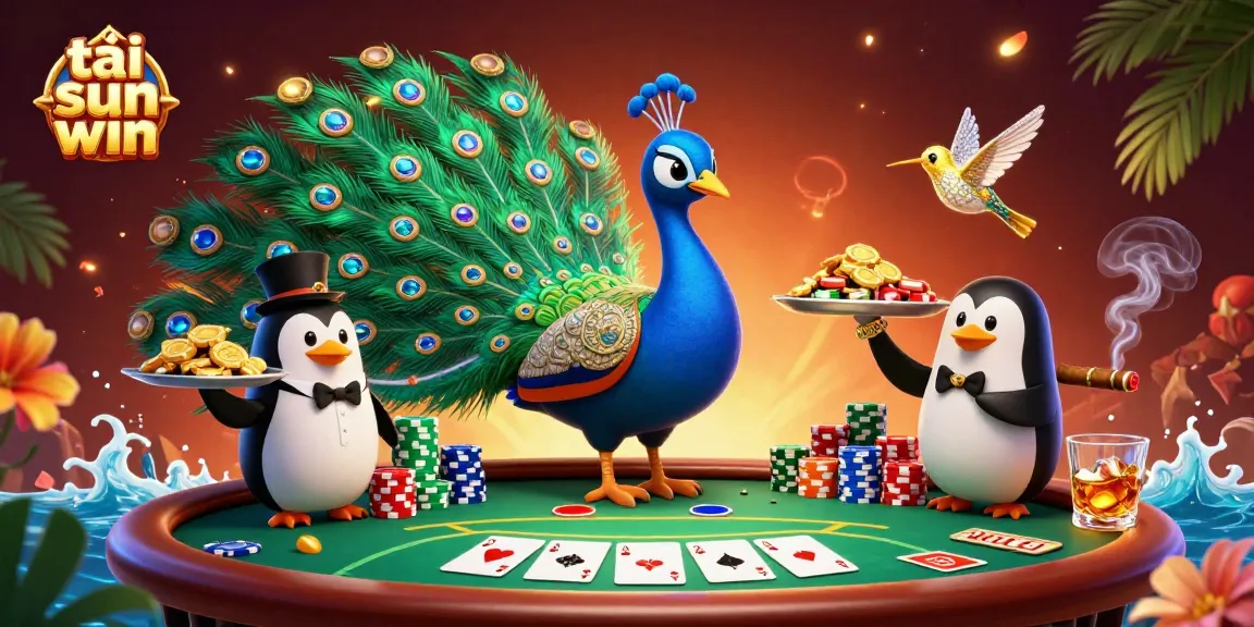 Win big with tải sun win as illustrated by an aristocratic peacock and vibrant poker scene.