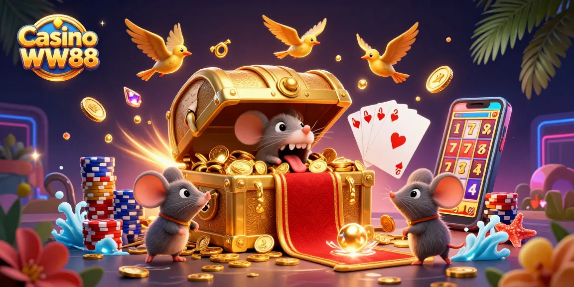 Win big at Casino WW88 with vibrant 3D illustration of treasure and game elements.