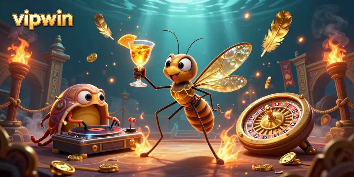 Experience thrilling gaming at vipwin with a lively scene featuring the playful mosquito mascot and vibrant casino elements.