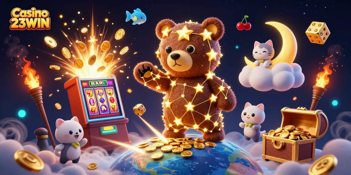 Experience the thrill of gaming at Casino 23WIN with festive coins and vibrant casino visuals.