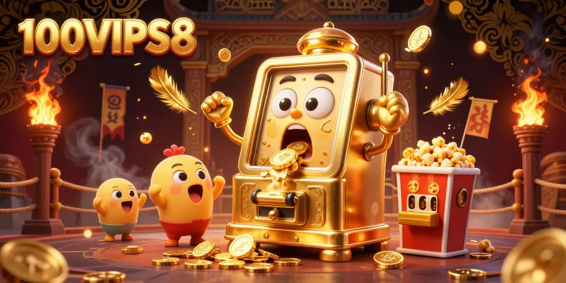 Spin the reels at 100VIPS8, where golden jackpots surprise players amidst a vibrant casino celebration.