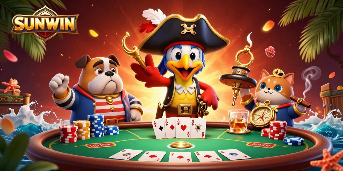 SUNWIN features a dynamic gaming scene with pirate and bulldog characters at a poker table, engaging players in action.